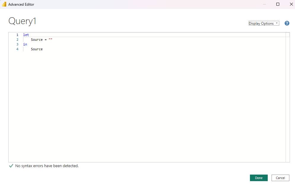 Power BI 中“高级编辑器”窗口的屏幕截图。稀疏填充的字段可用于编辑查询。