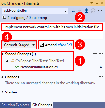 显示 Visual Studio 的“Git 更改”窗口中的“修改以前的提交”选项的屏幕截图。