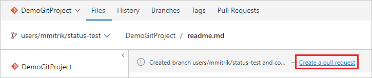 显示从建议栏中选择“创建拉取请求”的屏幕截图。