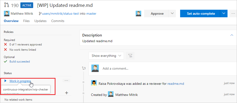 屏幕截图显示了“工作正在进行”条目的状态部分。