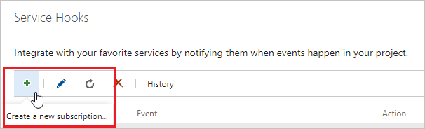显示选择加号以创建新的服务挂钩订阅的屏幕截图。