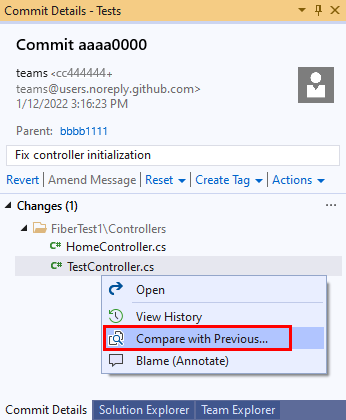 Visual Studio 2019“提交详细信息”窗口中“与上一个版本比较”选项的屏幕截图。