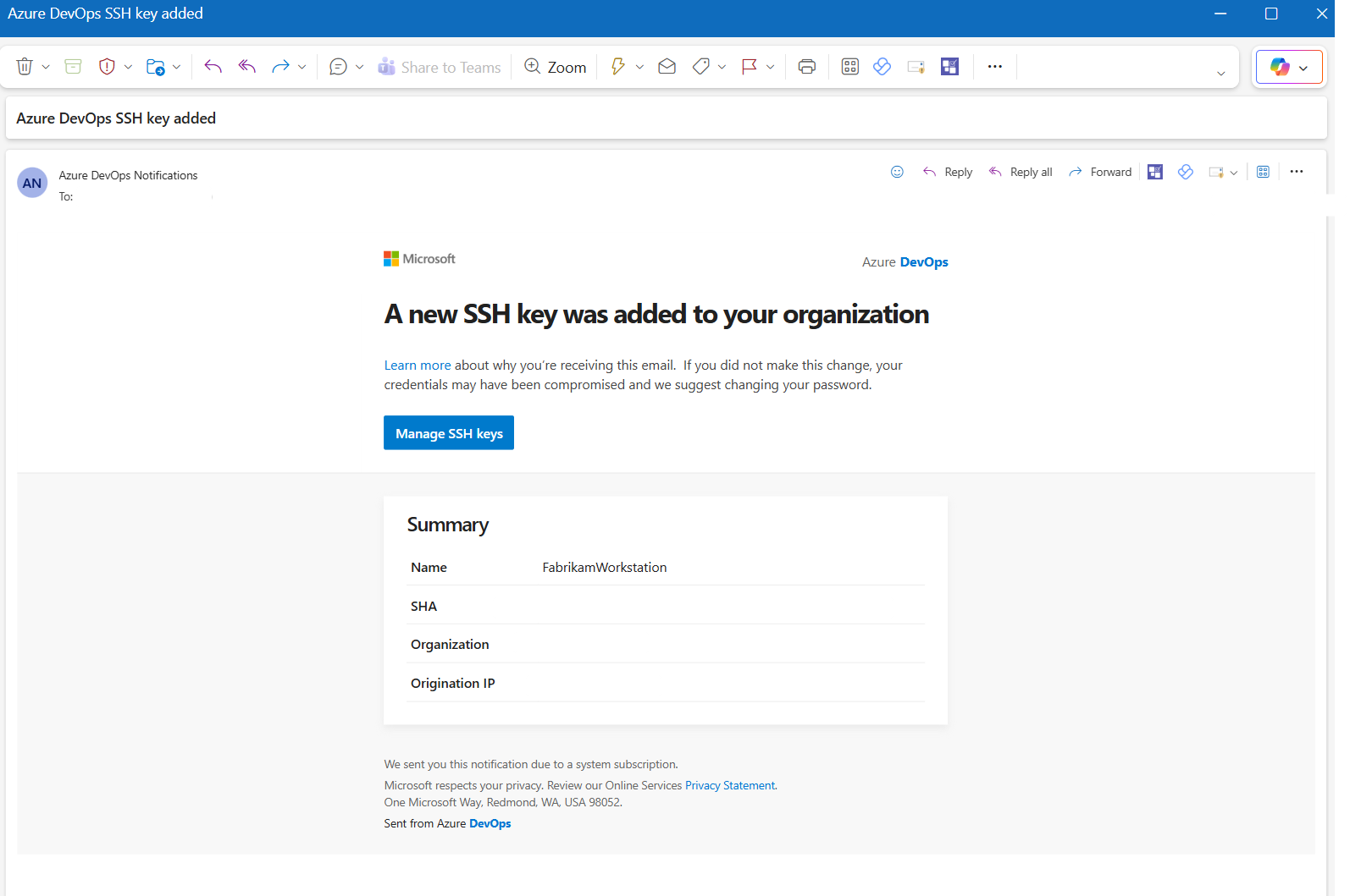 显示 SSH 密钥电子邮件通知的屏幕截图。