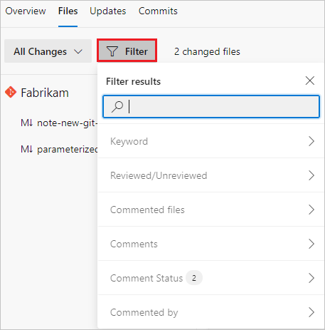 包含筛选器选项的“文件”选项卡的屏幕截图。