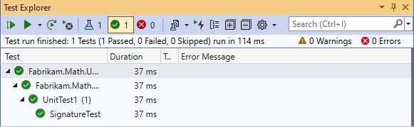 单元测试资源管理器的屏幕截图，其中包含一个通过的测试。