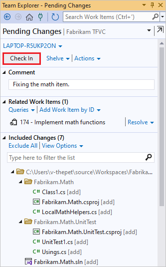 签入挂起的更改的屏幕截图。