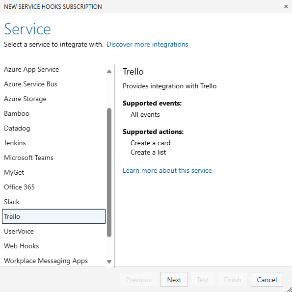 “服务”对话框的屏幕截图。列出了许多服务，选择了 Trello，并且 Trello 的说明可见。