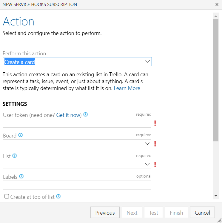 “操作对话框”的屏幕截图。选择“创建卡片”。可用字段用于指定令牌、看板和其他设置。