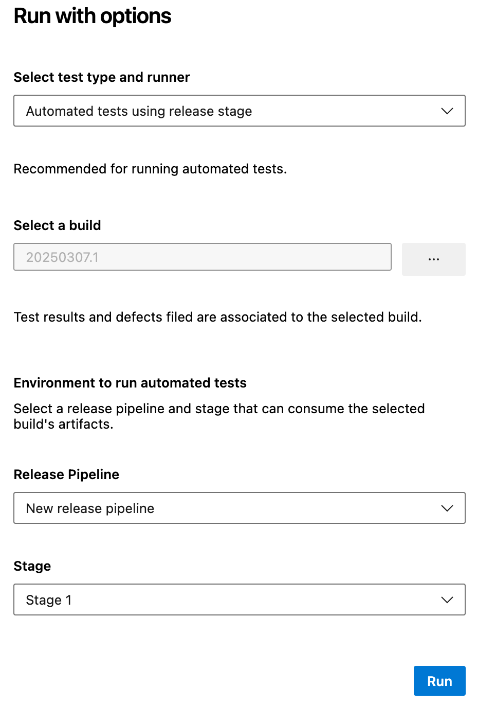 屏幕截图显示已配置“使用选项运行”对话框。