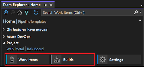 Visual Studio 2022 团队资源管理器主页的屏幕截图，其中突出显示了“工作项和生成”功能。