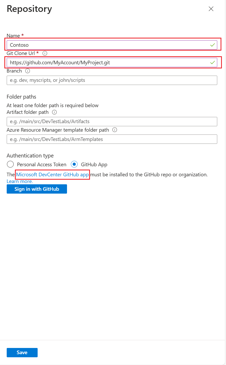 显示用于添加存储库的字段以及用于安装 DevCenter GitHub 应用的链接的屏幕截图。