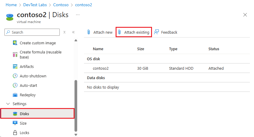 屏幕截图显示 VM 的“磁盘”页面上的“附加现有项”。
