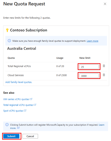 显示“新建配额请求”的屏幕截图。