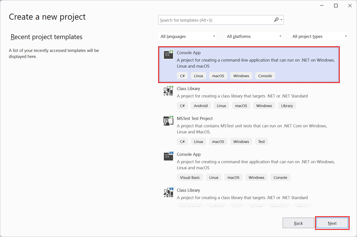 选择控制台应用程序的屏幕截图。