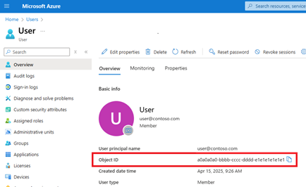 Azure 门户中用户页的屏幕截图，其中突出显示了“对象 ID”字段中的 GUID。