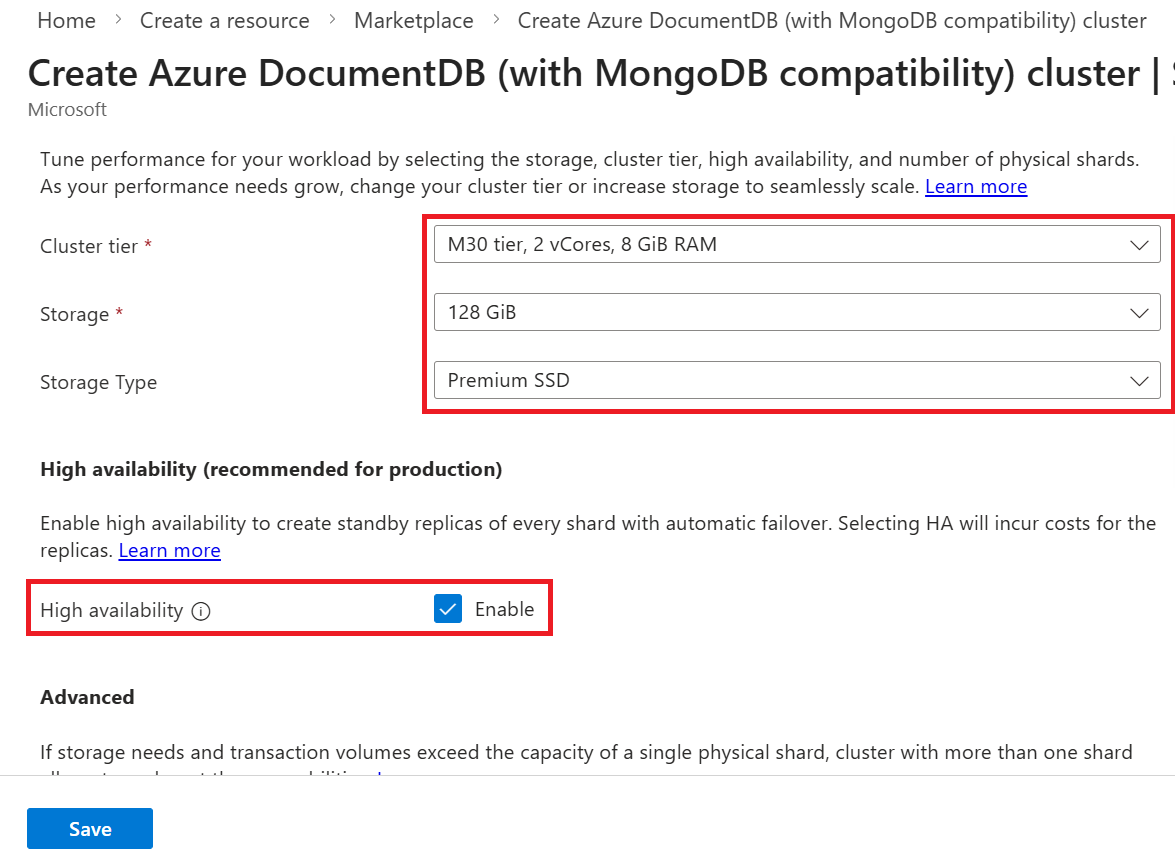 新 Azure DocumentDB 群集的计算和存储配置选项的屏幕截图。