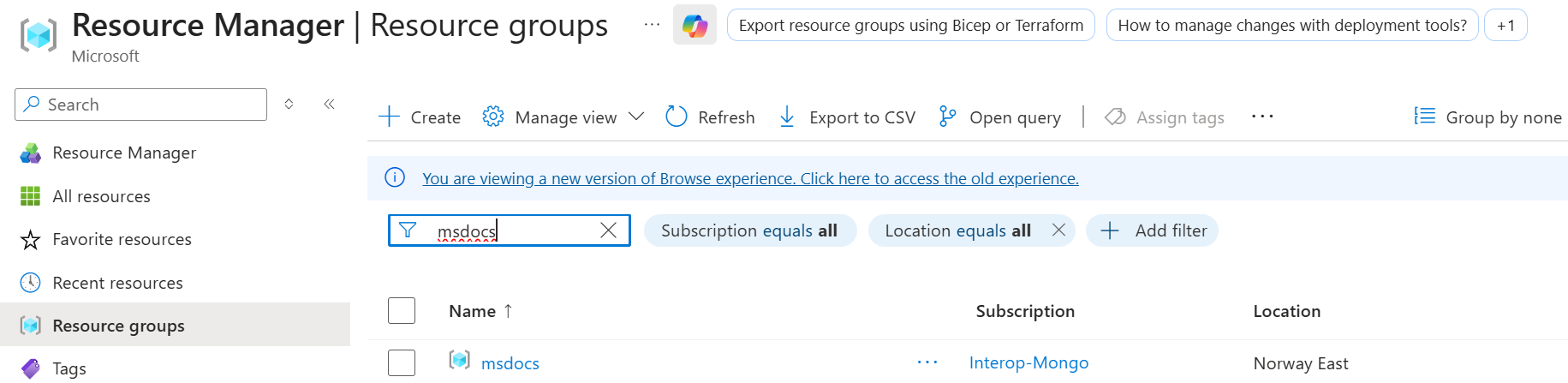 显示用于搜索资源组的选项的屏幕截图。