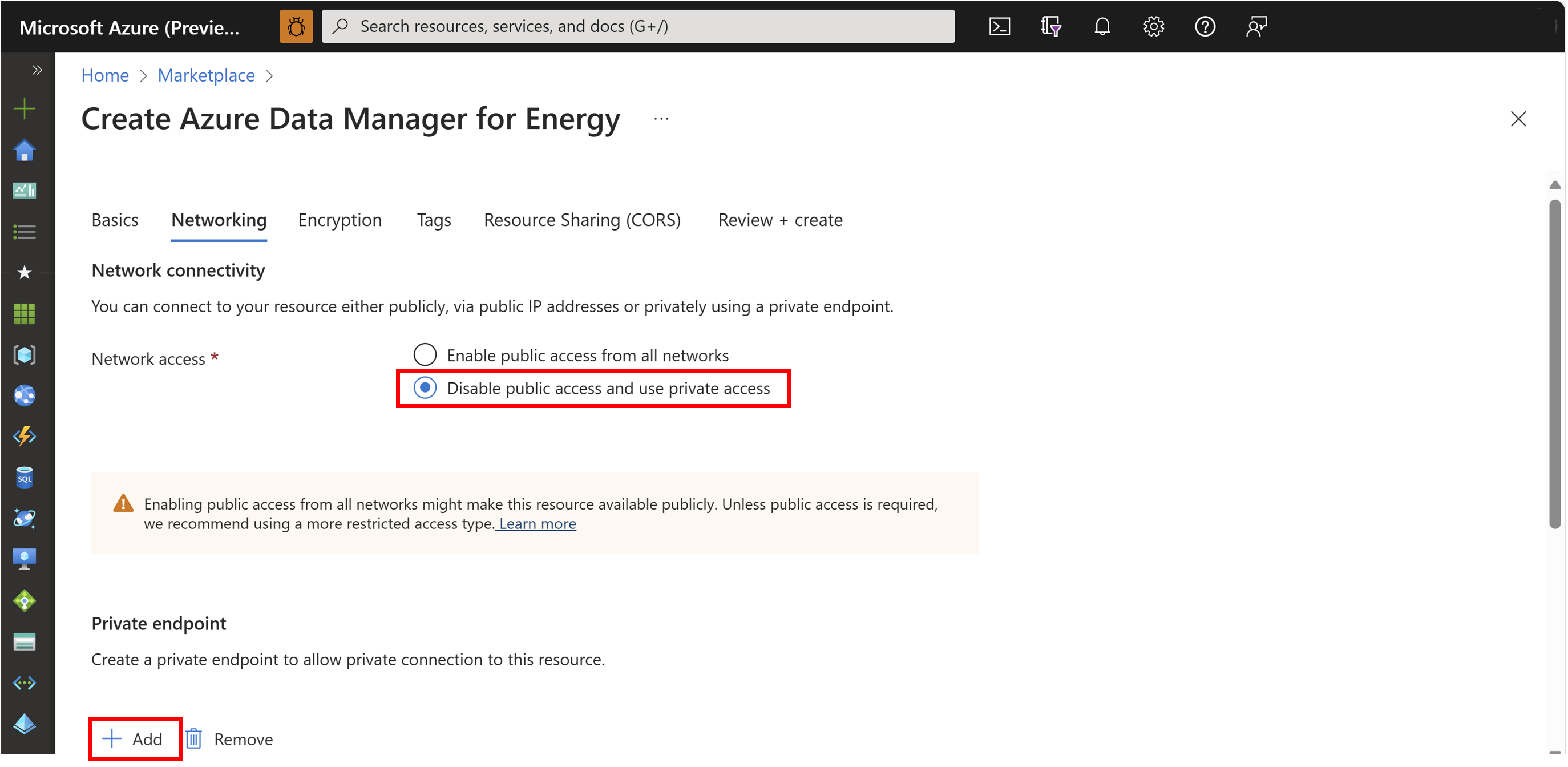 选择添加专用终结点的屏幕截图。