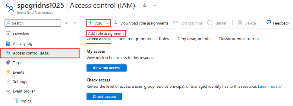 屏幕截图显示事件网格命名空间的“访问控制”页。