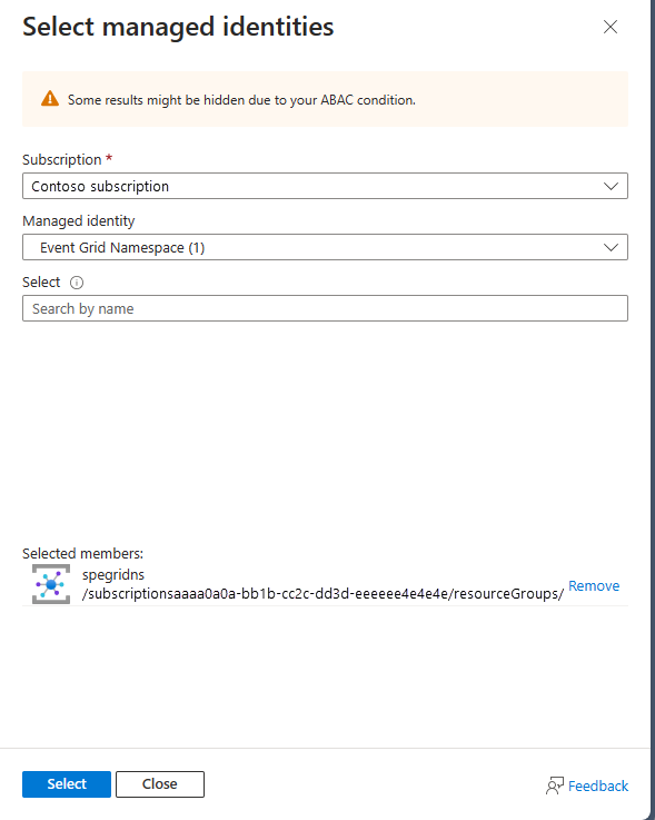 屏幕截图显示“选择托管标识”页，其中选择了“事件网格命名空间的托管标识”。