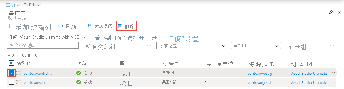 显示“删除命名空间 -”按钮的屏幕截图。