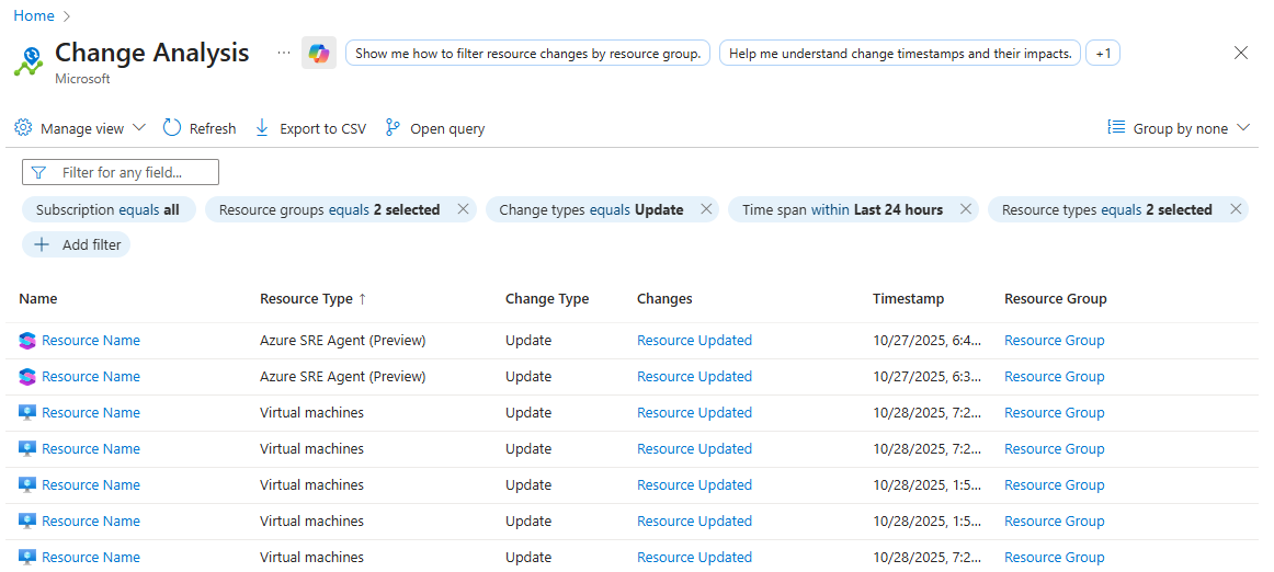“更改分析”页的屏幕截图。