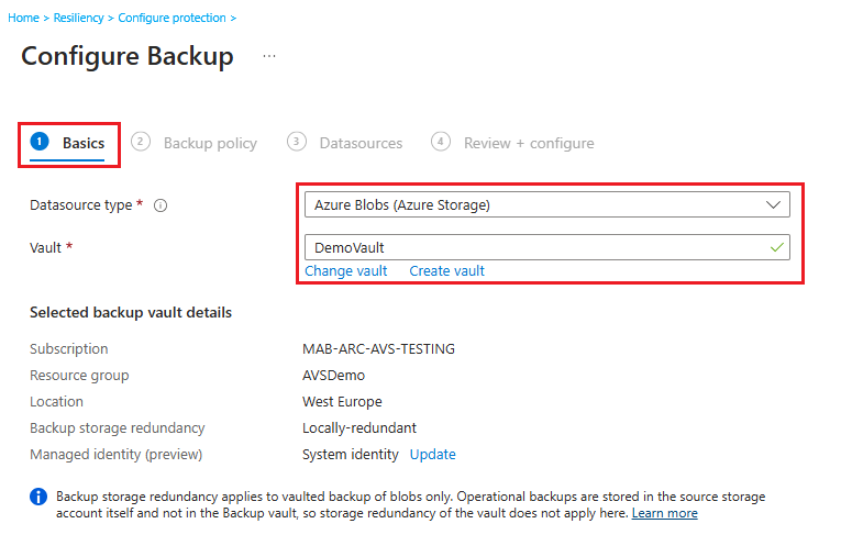 屏幕截图显示如何选择数据源类型以启动保管 blob 备份。