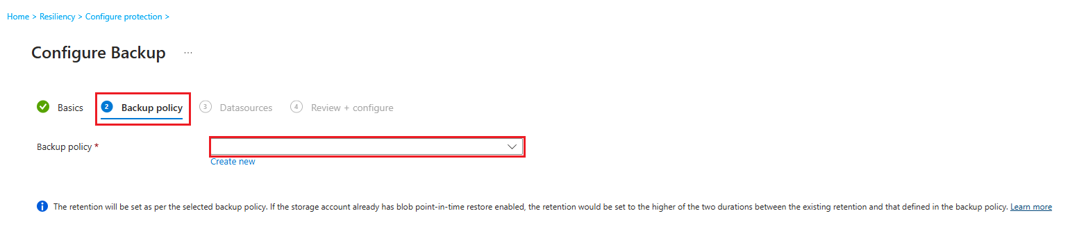 屏幕截图显示如何为保管 blob 备份选择策略。