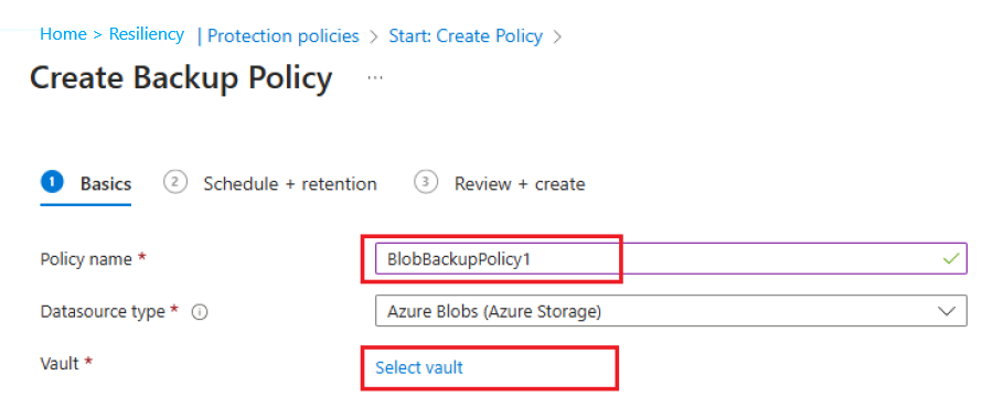 屏幕截图显示如何添加保管 Blob 备份策略名称。