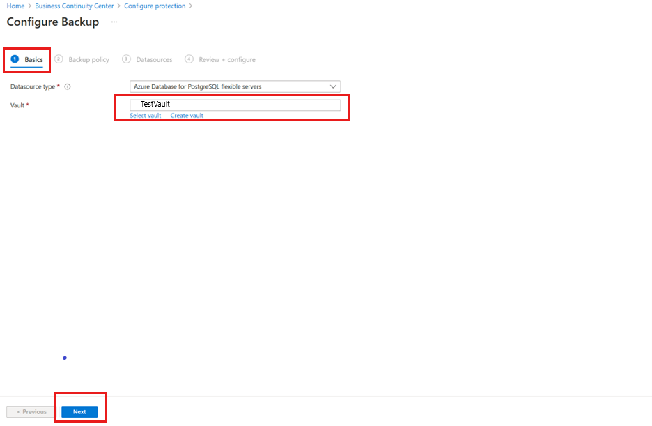 屏幕截图显示了备份保管库选择。