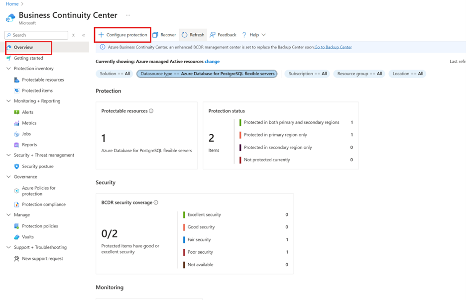屏幕截图显示了如何启动数据库保护。