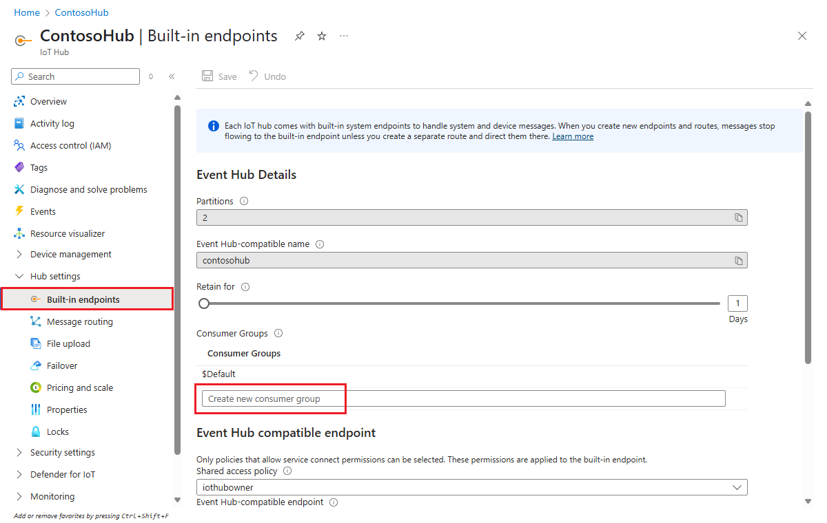 显示如何在 IoT 中心创建使用者组的屏幕截图。