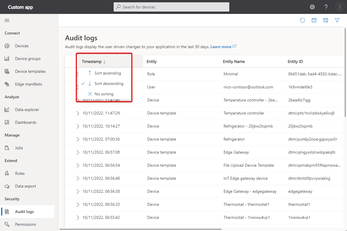 显示如何将日志按时间戳降序排序的屏幕截图。