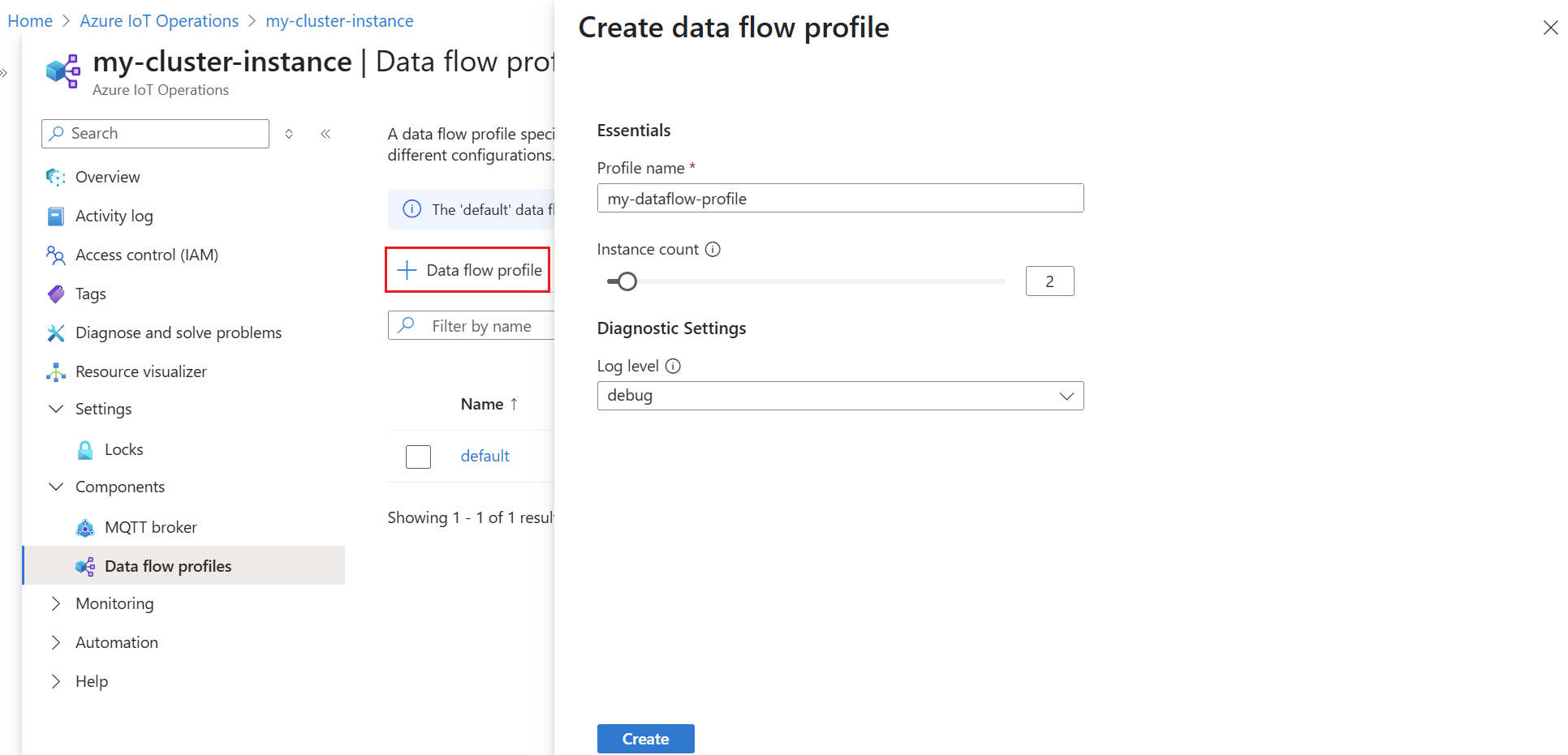Azure 门户的屏幕截图，其中显示了“创建数据流配置文件”窗格，包括名称、实例计数和配置选项的字段。