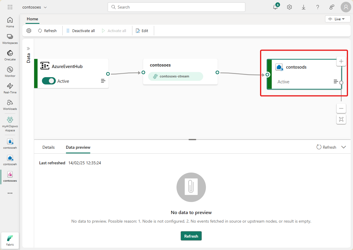 屏幕截图显示包含 KQL 数据库目标中数据的 eventstream。