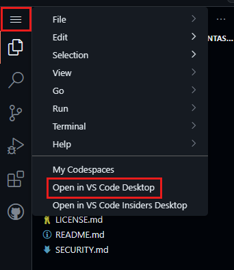 显示在 VS Code 桌面中打开 codespace 的屏幕截图。