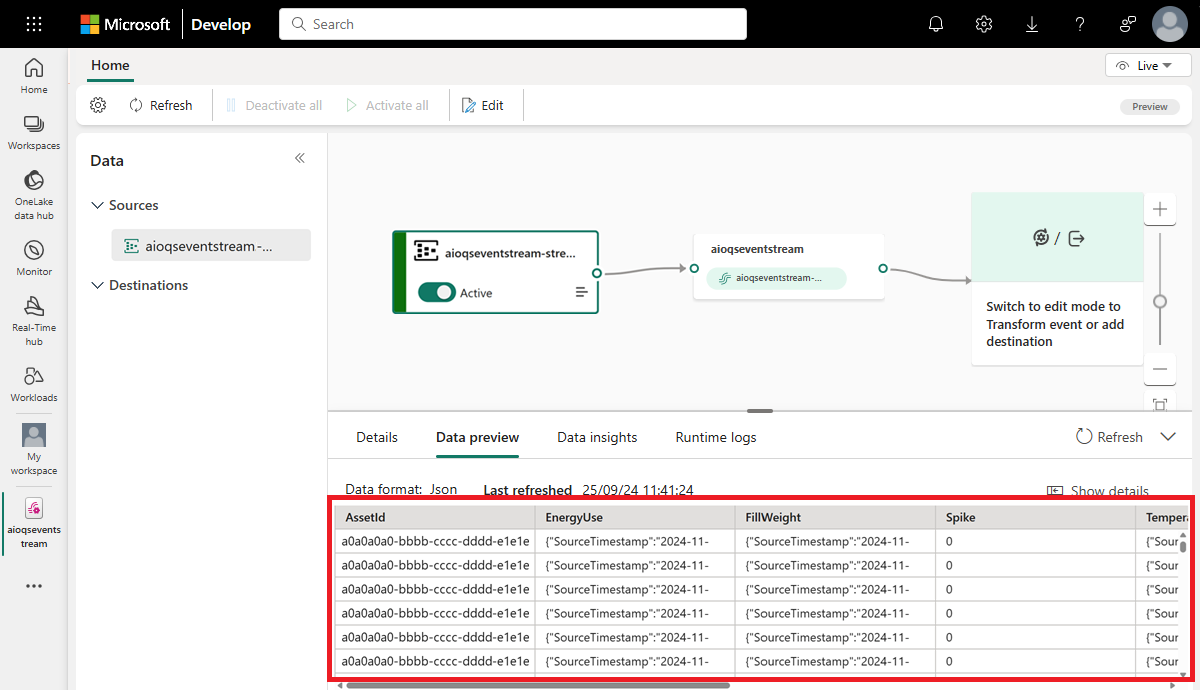 屏幕截图显示包含来自 AzureEventHub 源的数据的 eventstream。