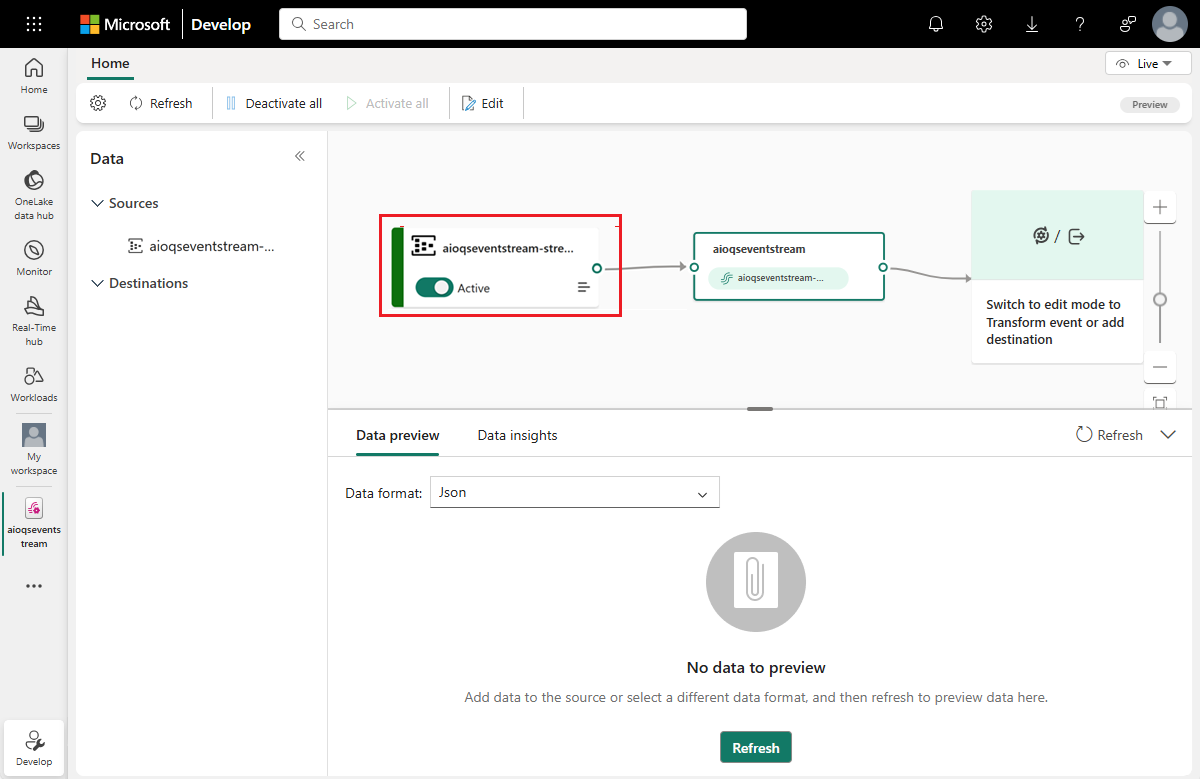 带有 AzureEventHub 源的 eventstream 的屏幕截图。