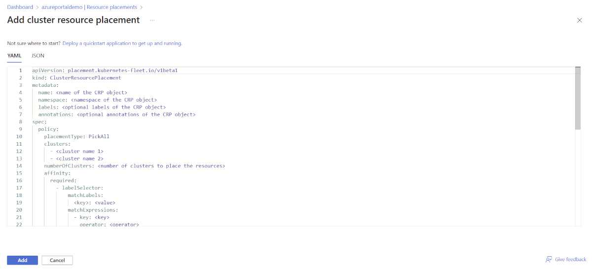 Azure 门户创建资源放置页面的屏幕截图,显示包含占位符值的 YAML 模板。