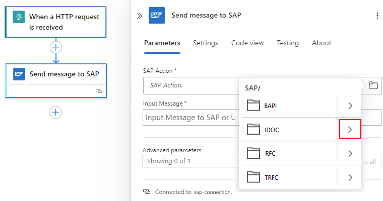屏幕截图显示消耗工作流、名为“向 SAP 发送消息”的操作，以及选择 IDOC 类型。