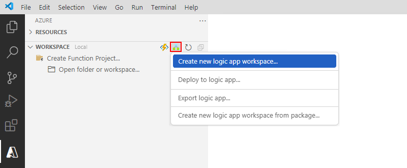 屏幕截图显示 Azure 窗格、“工作区”工具栏、“Azure 逻辑应用”菜单和选中的选项“创建新的逻辑应用工作区”。