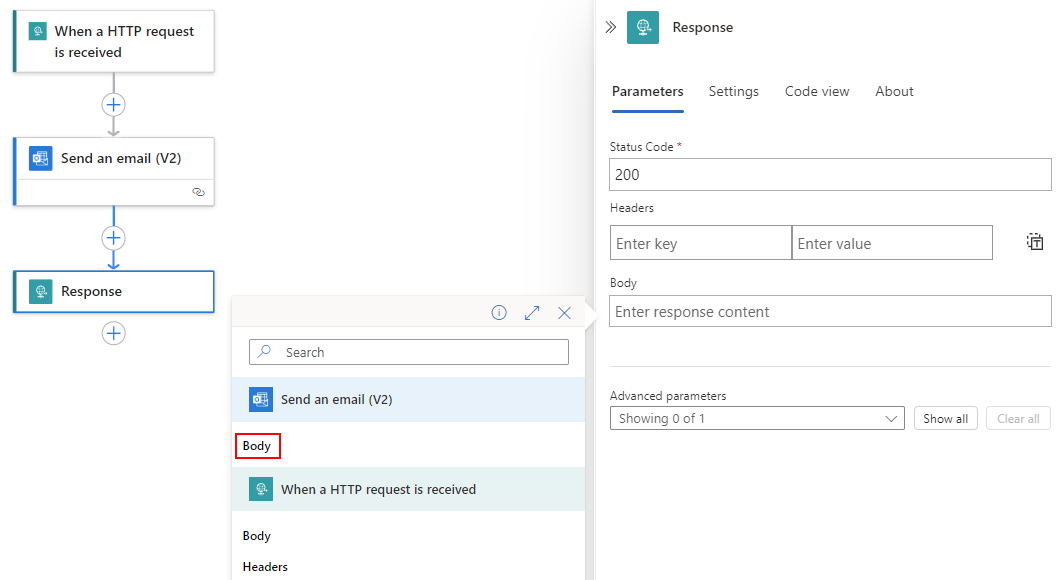 屏幕截图显示打开的动态内容列表，在列表中的“发送电子邮件”标头下，“正文”输出值处于选中状态。