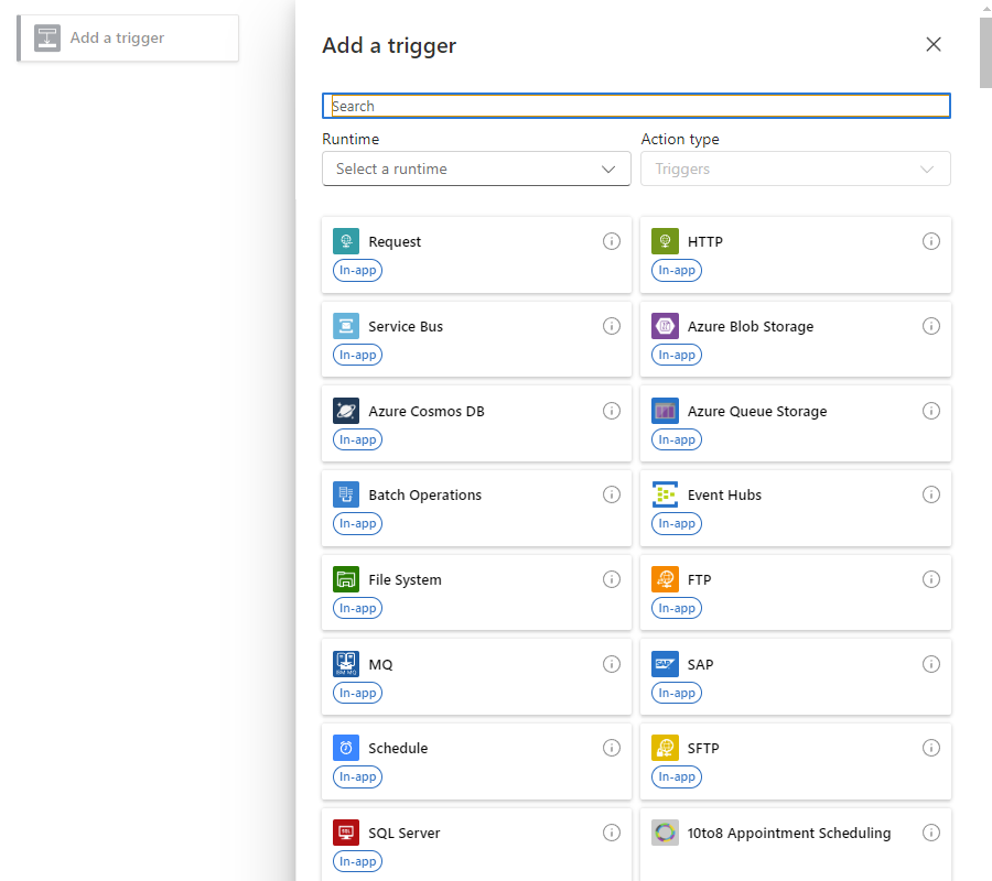 屏幕截图显示工作流设计器、名为“添加触发器”的所选提示，以及包含触发器的连接器和操作组的库。