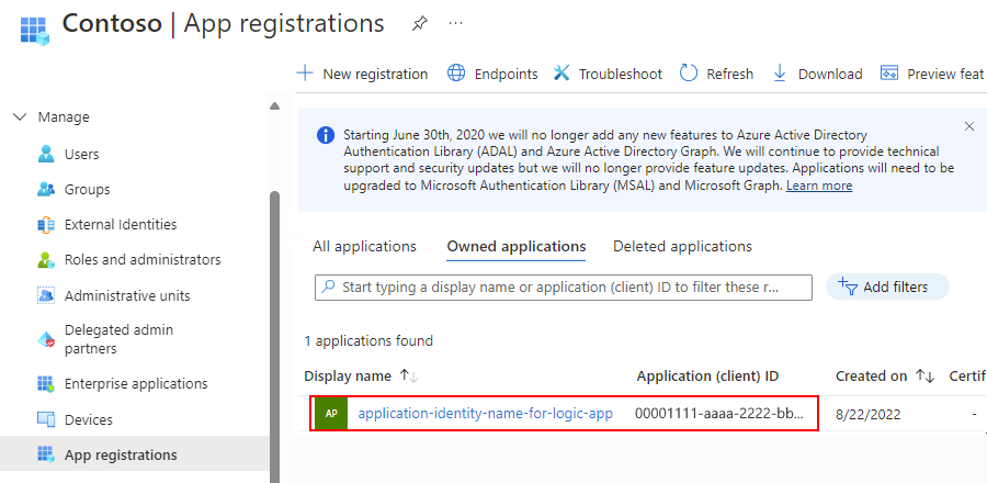 屏幕截图显示了逻辑应用的应用程序标识。