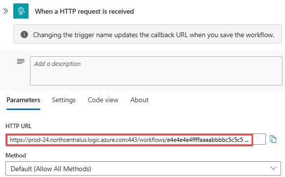 屏幕截图显示了“消耗”工作流、请求触发器和为终结点生成的回叫 URL。