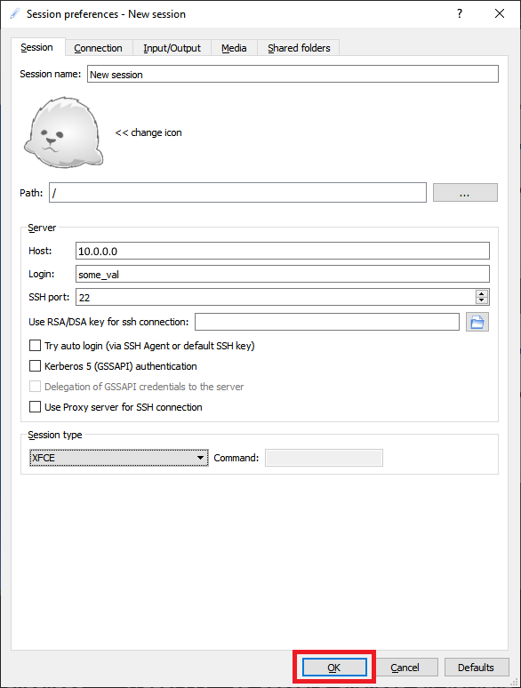 显示新 X2Go 会话首选项的屏幕截图。