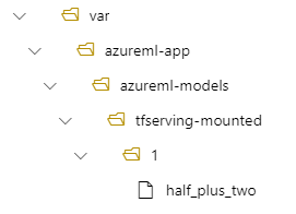 显示部署目录结构的树视图的屏幕截图。var/azureml-app/azureml-models/tfserving-mounted/1 路径可见。