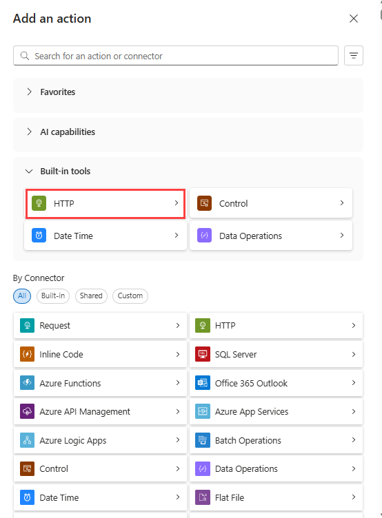 展示如何添加 HTTP 动作的屏幕截图。