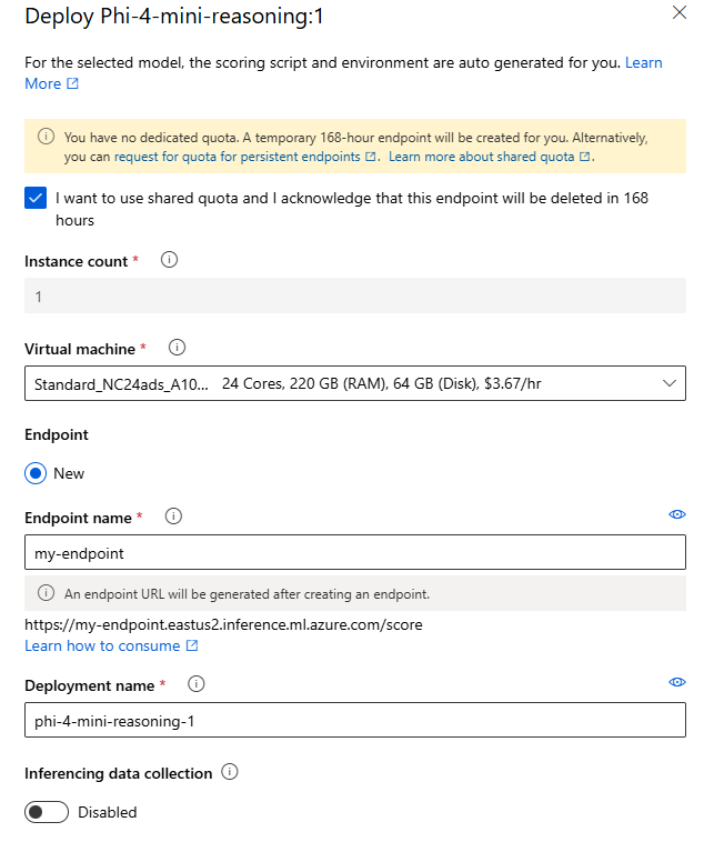 显示使用共享配额临时部署 Llama 模型的选项的屏幕截图。