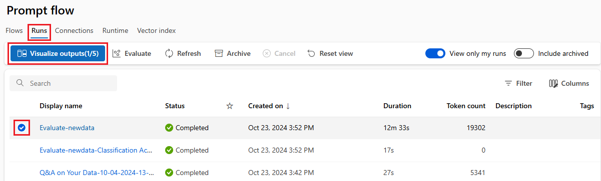 在此查找批处理运行的提示流运行列表页的屏幕截图。